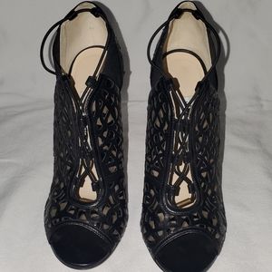 Jimmy Choo Black Leather LaserCut Peep Toe Booties